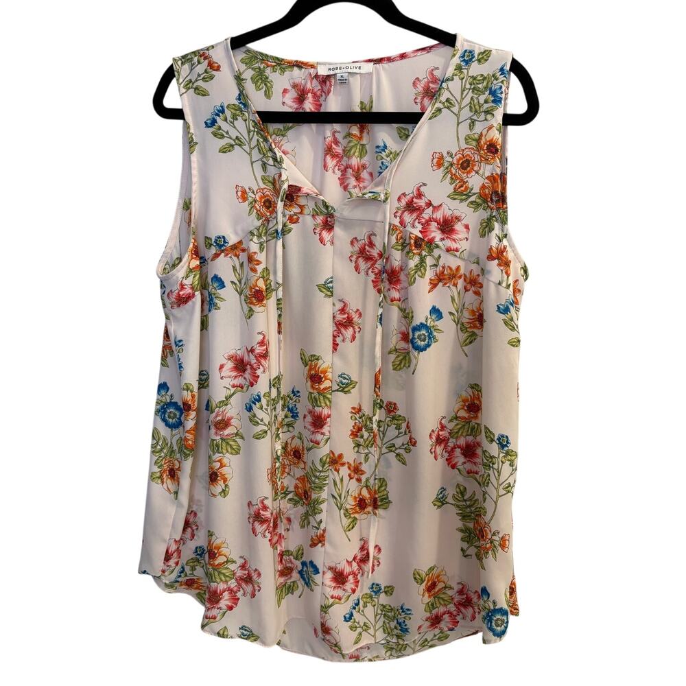 Rose + Olive Floral Sleeveless Blouse V-Neck Tie Front Split Back Boho Size XL